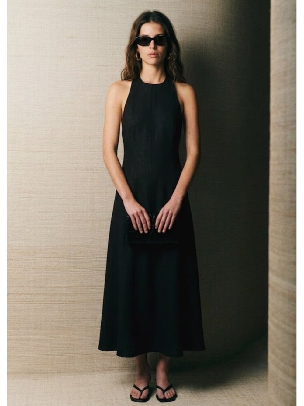 NWT Sezane Almada Midi in Black Linen Halter Fit & Flare Backless Dress 12